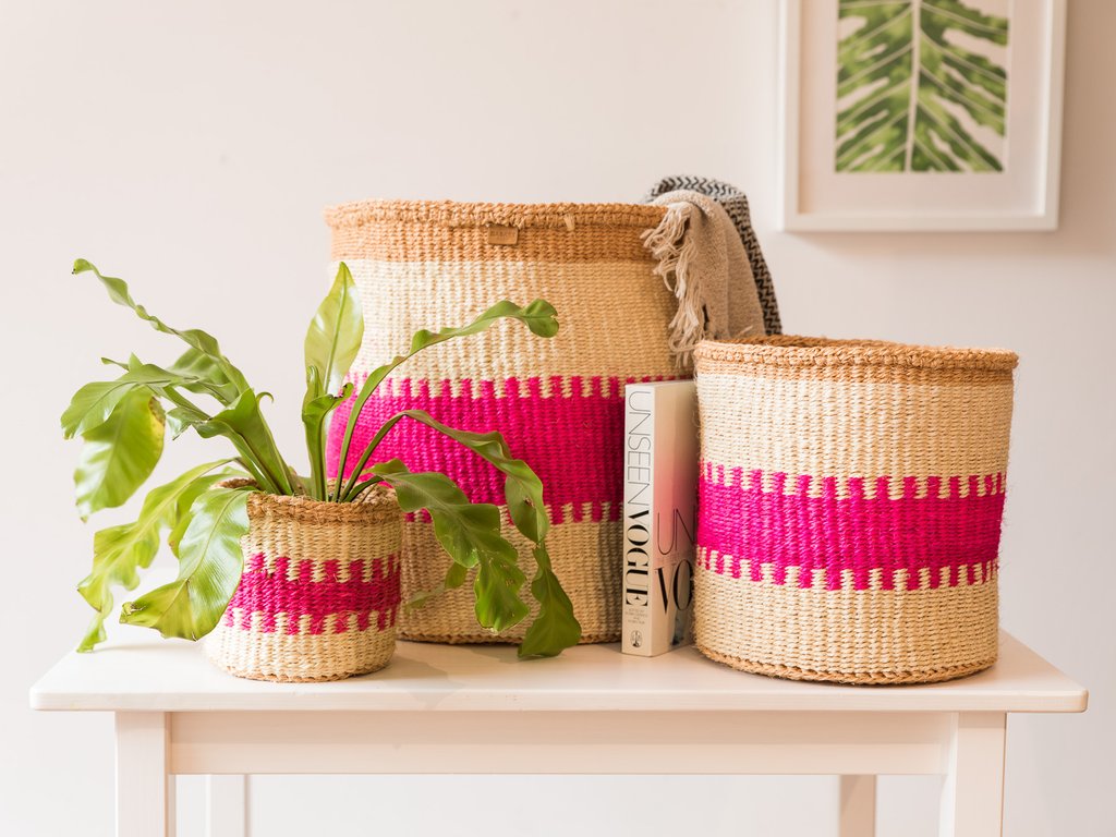 Panier Rangement Africain Sisal Naturel et Rose Kuzuia L 33x33x33cm