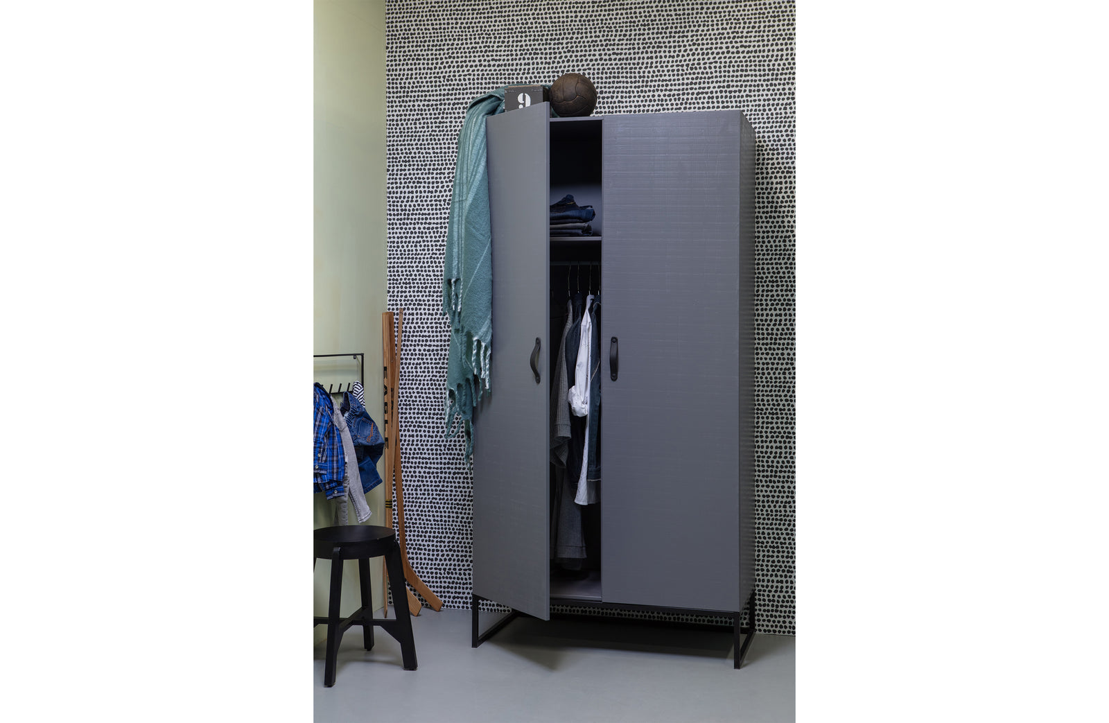 Armoire 2 Portes Penderie Etagères Bois Gris Morris