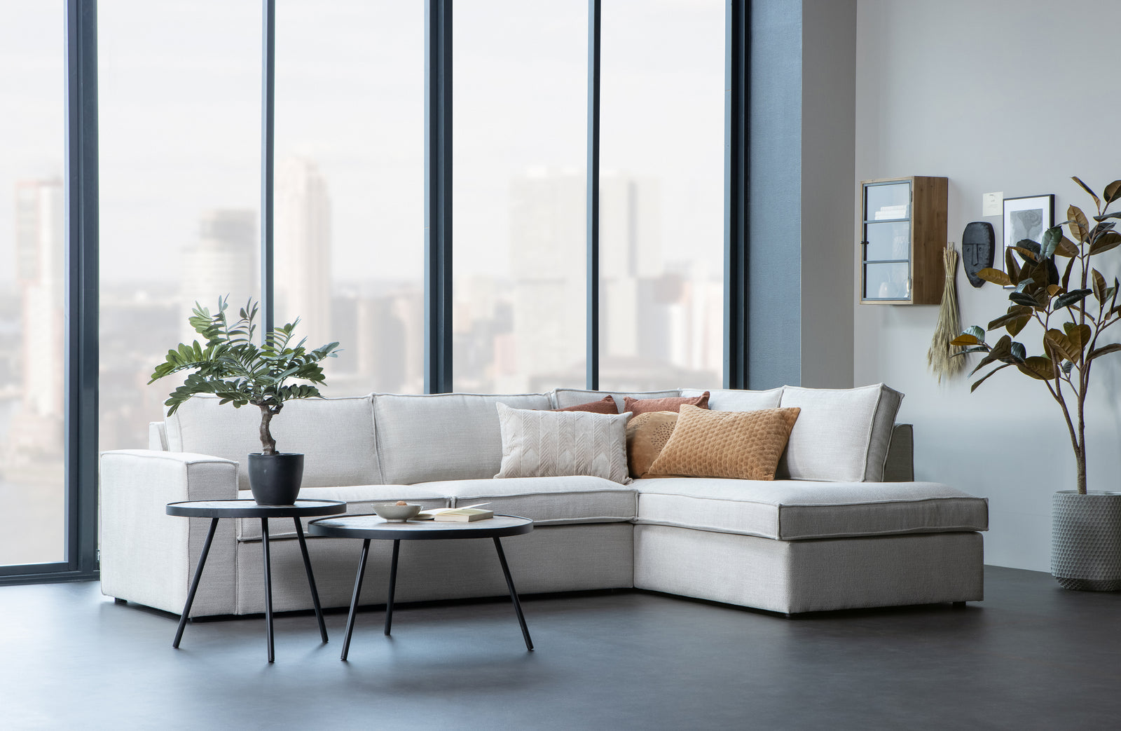 Canapé Angle 3 Places Gris Clair Naturel Freddie Méridienne à Droite