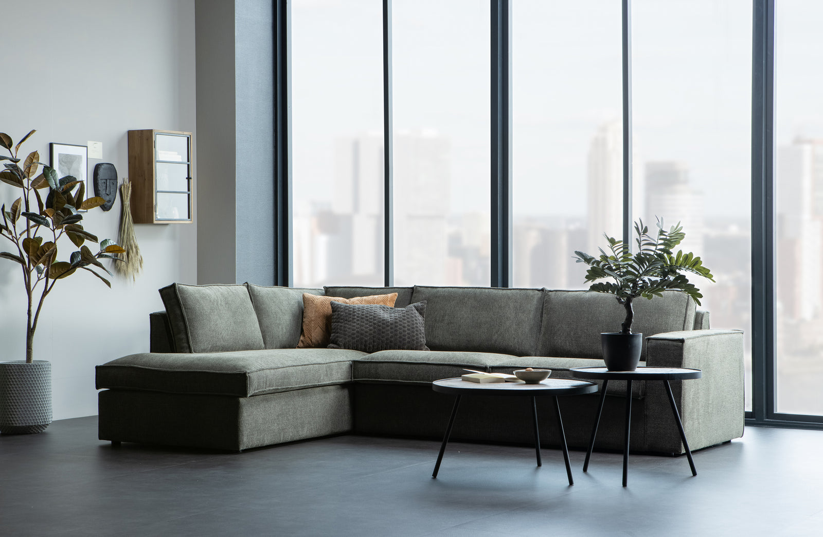 Canapé Angle 3 Places Marron Vert Freddie Méridienne à Gauche