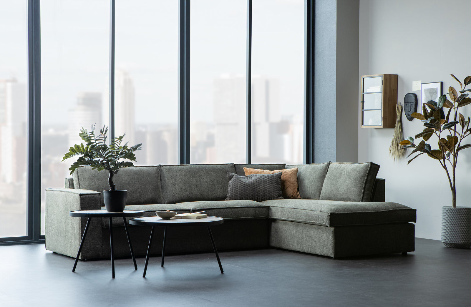 Canapé Angle 3 Places Marron Vert Freddie Méridienne à Droite